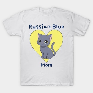 Russian Blue Mom Cat with Yellow Heart T-Shirt